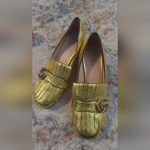 Gucci Marmont GG Logo Golden Fringe Block Mid Heel Kiltie Loafers Pumps - Picture 3 of 5